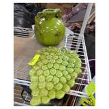 Green Glazed Ceramic Vase and Grapevine Dish