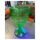 Green Uranium Glass Goblet with Paneled Design