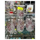 Glass Pitcher and Five Tumblers with Floral Design