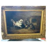 19th C Oil on Board Dog and Puppies Painting