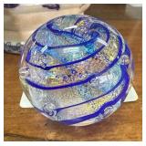 Handcrafted Glass Paperweight with Blue Swirl Desi