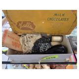 Sewing items darner etc in Vtg chocolates box