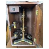 Brass Microscope With Wooden Storage Box