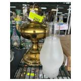 Brass Oil Lamp with Frosted Glass Chimney