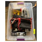 Plastic Bin with Mixed Hand Tools and Accessories