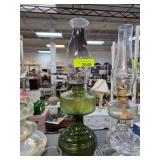 Green Glass Oil Lamp with Clear Chimney