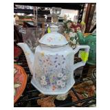 Hexagonal Floral Porcelain Teapot with Gold Trim