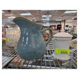 Glazed Blue Ceramic Pitcher and White Lidded Ceram