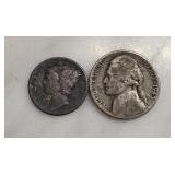 Two Silver US Coins Mercury Dime War Nickel