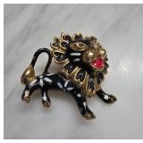 Lion-Shaped Enameled Gold-Tone Brooch