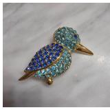 Gold-Tone Bird Pin with Blue Rhinestones