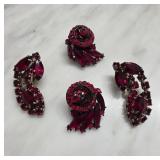 Vintage Red Rhinestone Clip-On Earrings Set