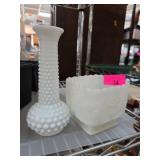 Milk Glass Hobnail Vase and Grape Design Planter