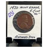 1920 Wheat Penny with Rotated Dies Mint Error
