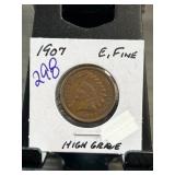 1907 Indian Head Cent Coin, Fine Condition