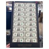 Framed Uncut Sheet of 16 One-Dollar Bills