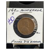 192_S Mint Error Lincoln Cent with Filled Die Erro