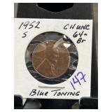 1952-S Lincoln Wheat Cent with Blue Toning