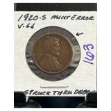 1920-S Mint Error Lincoln Wheat Cent Coin