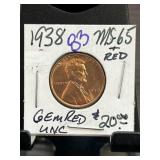 1938 Lincoln Wheat Penny MS-65 Gem Red