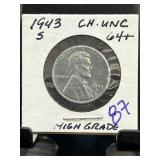 1943-S Lincoln Steel Cent Coin, CH. UNC 64+
