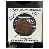1929 US Penny with Clipped Planchet Error