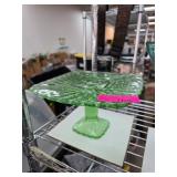 Green Glass Square Pedestal Cake Stand