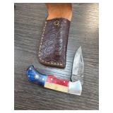 Damascus Steel Folding Knife With Leather Sheath