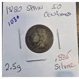 1880 Spain 50 Centimos Silver Coin