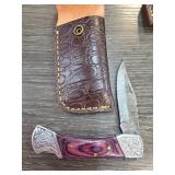 Engraved Folding Knife with Sheath