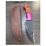 Custom Knife with Etched Blade and Leather Sheath