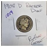 1908 D Barber Dime in Display Sleeve