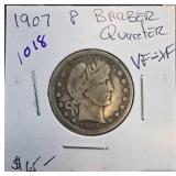 1907 P Barber Quarter Coin VF-XF
