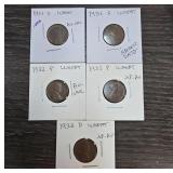 Five Wheat Pennies, 1931-1933