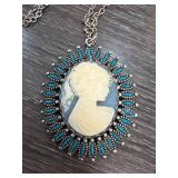 Jj Signed Cameo Pendant with Blue Accents