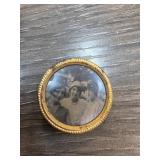 Round Brass-Tone Vintage Pin with Photograph