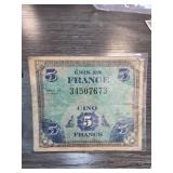 French 5 Francs Military Currency Note