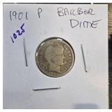 1901 P Barber Dime in Protective Holder