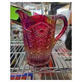 Amberina Carnival Glass Pitcher with Geometric Des
