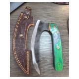 Knife with Green Handle and Leather Sheath