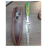 Knife with Damascus Steel Blade and Leather Sheath