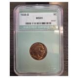 1936-D Buffalo Nickel Graded NTC MS65
