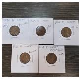 Five Wheat Pennies in Holders