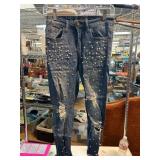 Pearl-Embellished Distressed Machine Jeans