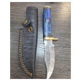 Damascus Steel Knife with Blue Handle and Sheath