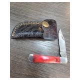 Folding Knife with Red Handle and Sheath