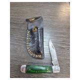 Folding Pocket Knife with Green Handle and Sheath