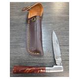 Folding Knife With Damascus Blade and Leather Shea