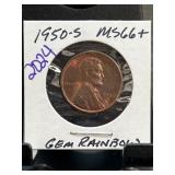 1950-S Lincoln Wheat Cent MS66+ Gem Rainbow Toning