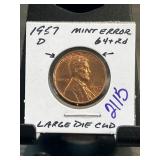 1957-D Lincoln Wheat Cent Mint Error Coin